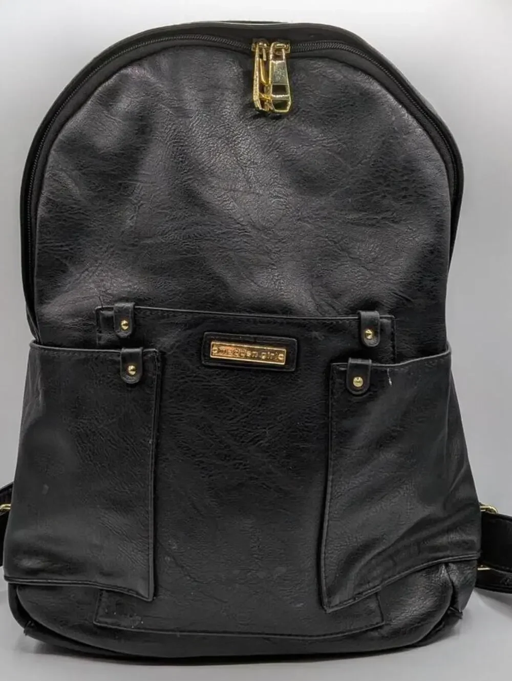 Madden Girl Solid Black Leather Structured Multi Pocket Backpack 90s Y2K 2000s